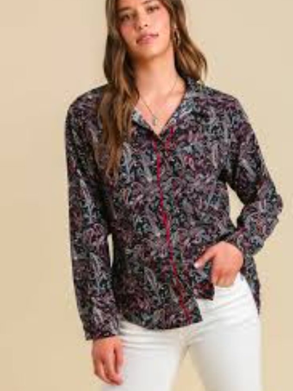NWT Umgee Black Paisley Corduroy Long Sleeve Button Up Shirt Size Small Relaxed